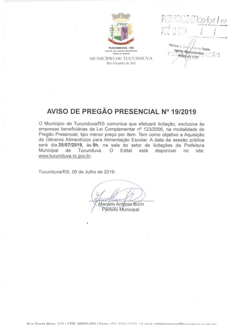 AVISO DE LICITAÇÃO - PREGÃO PRESENCIAL Nº 19/2019